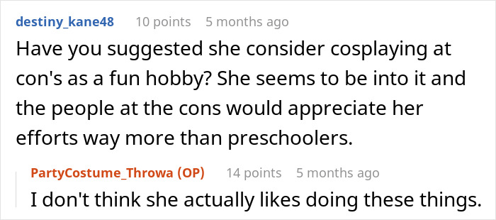 A screenshot of Reddit comments discussing a stepmom banned for hijacking a kid's birthday party dressed as a K-pop character. A screenshot of Reddit comments discussing a stepmom banned for hijacking a kid's birthday party dressed as a K-pop character.
