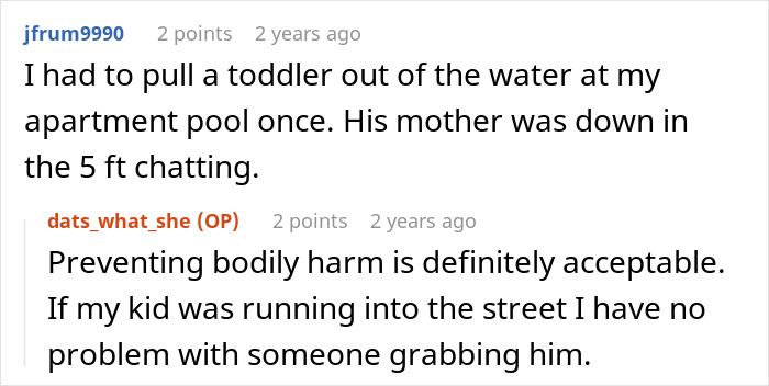 An online comment about pulling a toddler from a pool, emphasizing preventing bodily harm as acceptable in response to boomer remarks. An online comment about pulling a toddler from a pool, emphasizing preventing bodily harm as acceptable in response to boomer remarks.