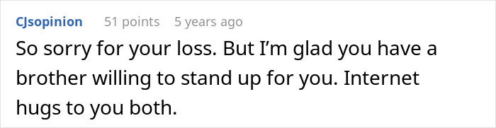 A supportive Reddit comment praising a brother for standing up against an entitled aunt. A supportive Reddit comment praising a brother for standing up against an entitled aunt.