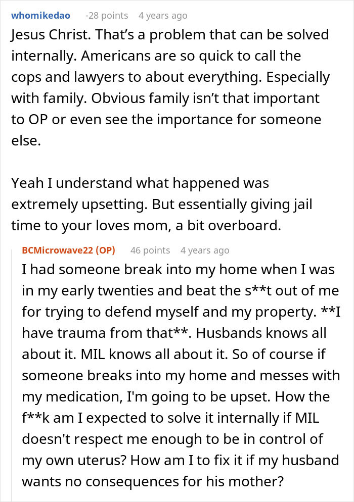 A Reddit thread discussing the consequences of a woman's attempt to make her DIL have kids.