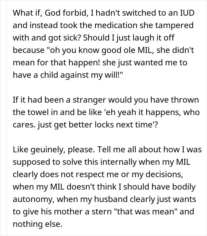 A woman expresses frustration about her MILs attempt to make her have kids against her will. She switched to an IUD.