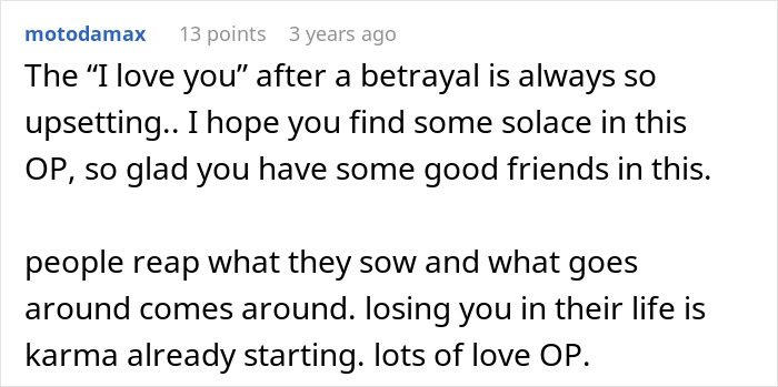 A comment advises the woman on her husband and sister's betrayal, suggesting karma for their actions.