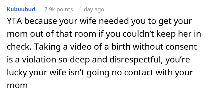 Reddit comment about a mom's inappropriate behavior during DIL's delivery and son's reaction.