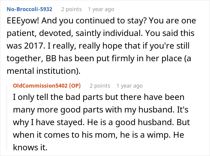 A Reddit comment section showing more discussion about the MIL trying to evict DIL and the husband's role.