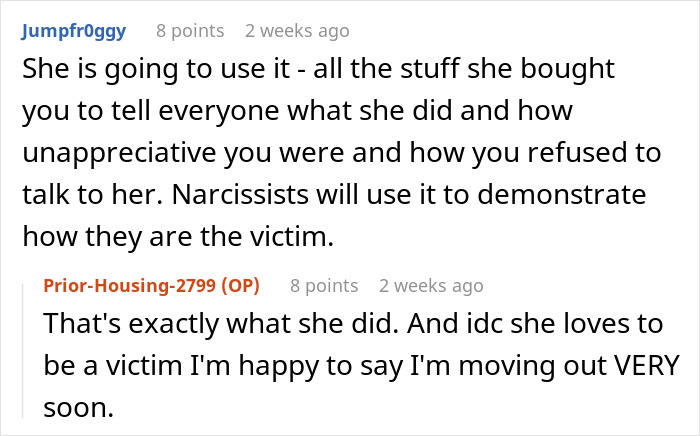 A Reddit comment discussing how a narcissist mom uses past actions to portray herself as a victim to her daughter. A Reddit comment discussing how a narcissist mom uses past actions to portray herself as a victim to her daughter.