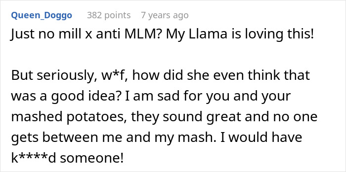 A comment expressing shock and sadness about MIL adding essential oils to Thanksgiving holiday dishes, especially mashed potatoes. A comment expressing shock and sadness about MIL adding essential oils to Thanksgiving holiday dishes, especially mashed potatoes.