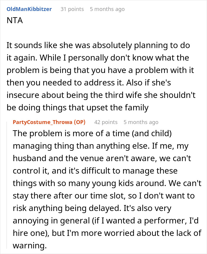 Screenshot of Reddit comments on a stepmom who planned to hijack a kid's birthday party as a K-Pop character. Screenshot of Reddit comments on a stepmom who planned to hijack a kid's birthday party as a K-Pop character.