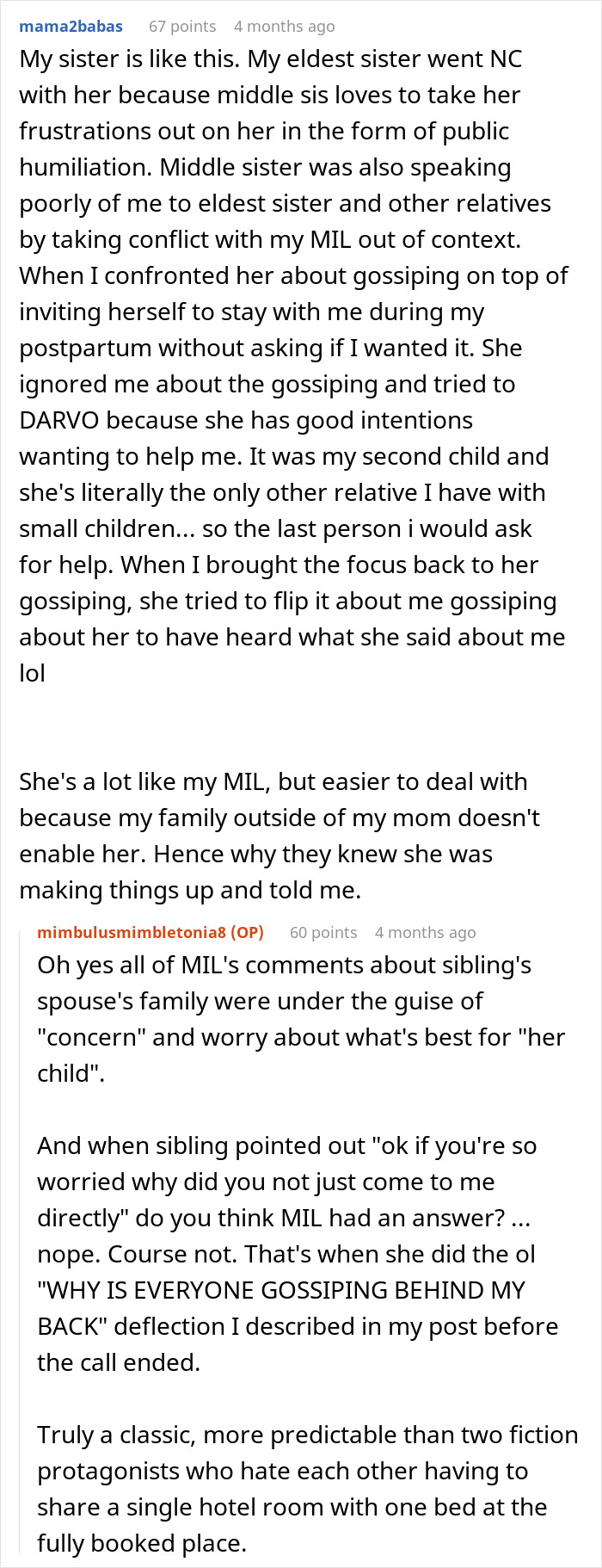 mama2babas and mimbulusmimbletonia8 (OP) discussing a gossiping mom's horrible comments.