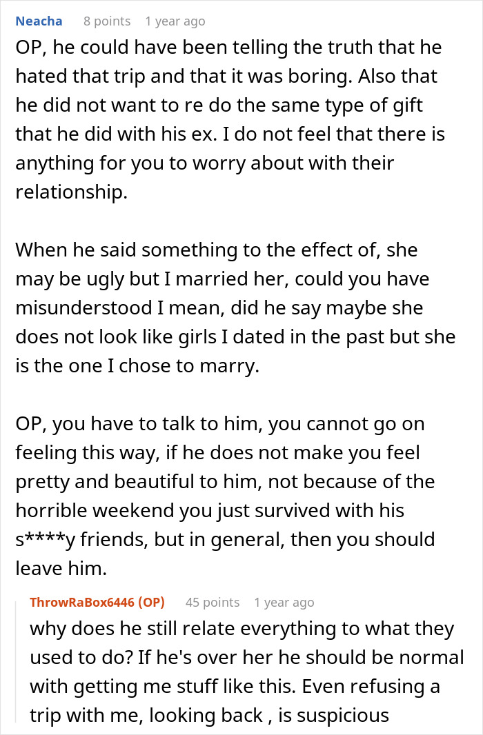 A screenshot of a Reddit comment discussing a woman overhearing her husband talking about his ex. A screenshot of a Reddit comment discussing a woman overhearing her husband talking about his ex.