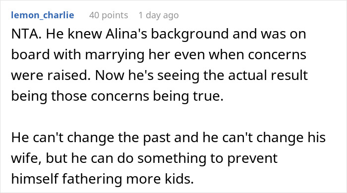 A Reddit comment discussing the fault of a guy for having a 6th kid with his SAHM wife, suggesting he can prevent more kids. A Reddit comment discussing the fault of a guy for having a 6th kid with his SAHM wife, suggesting he can prevent more kids.