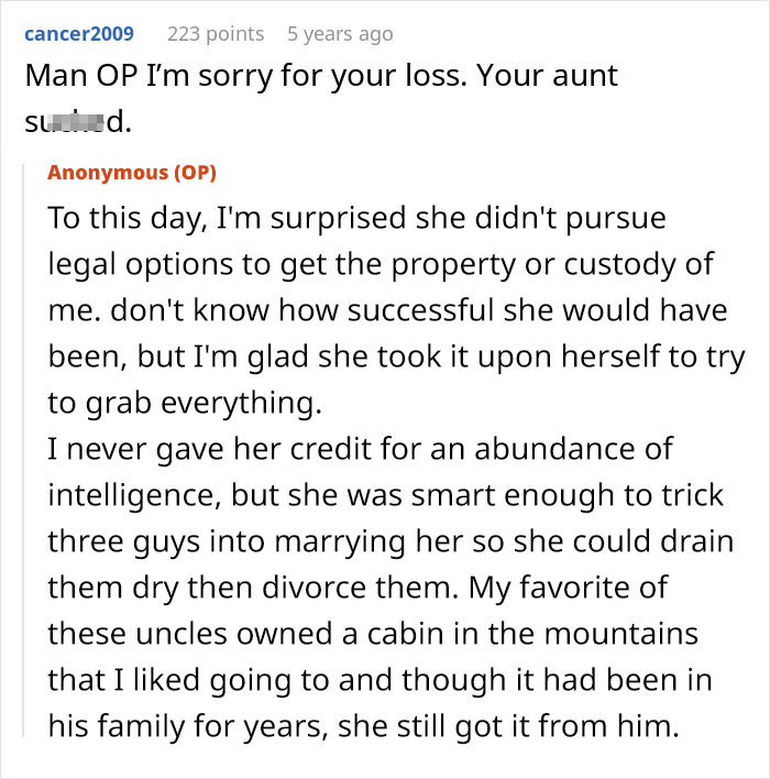A screenshot from a forum post about an entitled aunt, with comments on property, custody, and her manipulative marriages. A screenshot from a forum post about an entitled aunt, with comments on property, custody, and her manipulative marriages.