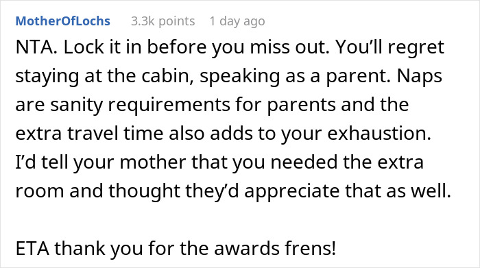 Reddit comment about a mom's travel plans. User advises booking extra room for sanity during family travel plans.
