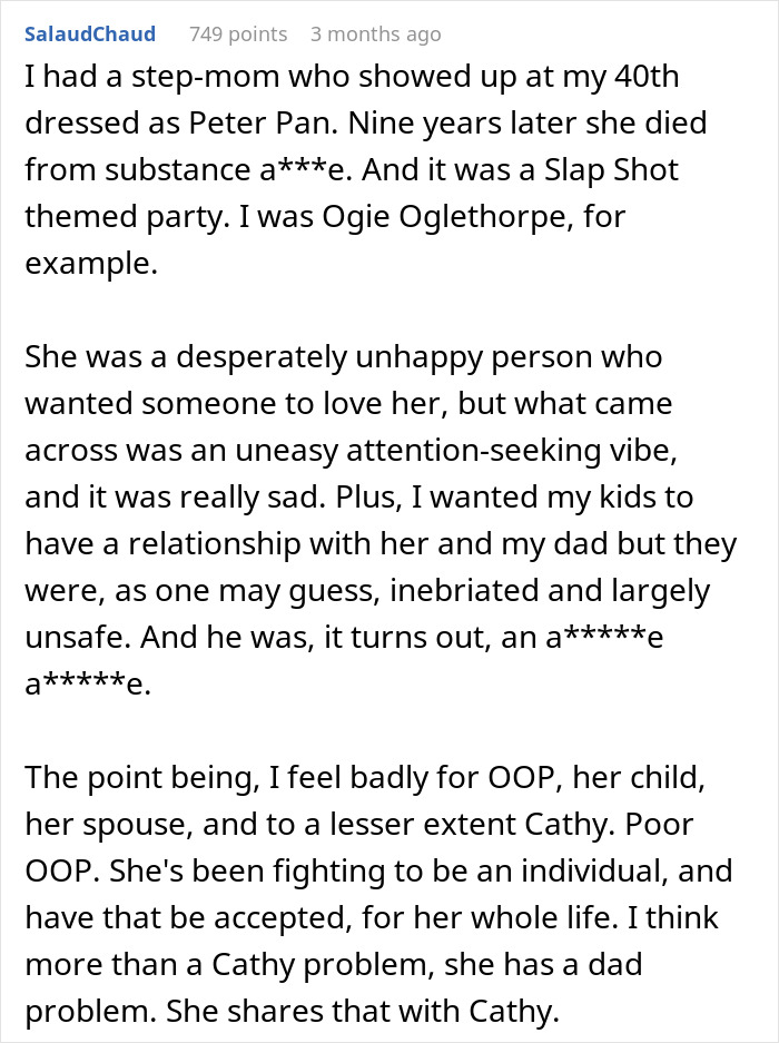 A Reddit comment about a stepmom who dresses up as a K-Pop character to hijack a kids birthday, comparing her to Peter Pan. A Reddit comment about a stepmom who dresses up as a K-Pop character to hijack a kids birthday, comparing her to Peter Pan.