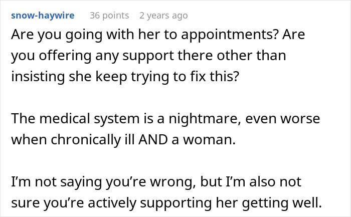 A comment questions the man's support for his sick wife, who sleeps 12 hours a day, and the challenges of the medical system.