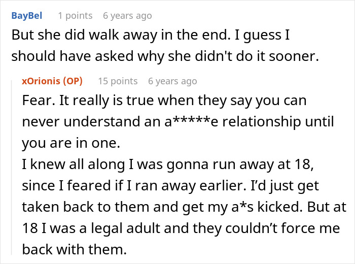 Reddit comments explaining the fear a daughter felt about her toxic parents trying to stop her from leaving. Reddit comments explaining the fear a daughter felt about her toxic parents trying to stop her from leaving.