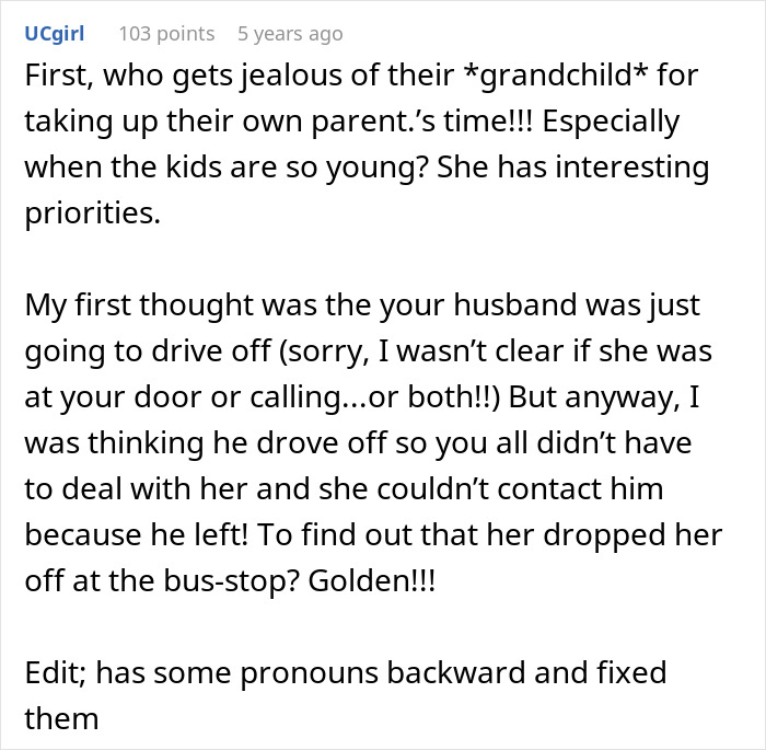 A Reddit comment describing a MIL demanding a four-hour ride before sunrise, and her son dropping her off at a bus station. A Reddit comment describing a MIL demanding a four-hour ride before sunrise, and her son dropping her off at a bus station.