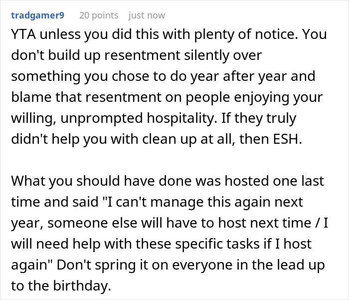 A Reddit comment giving advice on hosting a mom's birthday party and managing expectations. A Reddit comment giving advice on hosting a mom's birthday party and managing expectations.