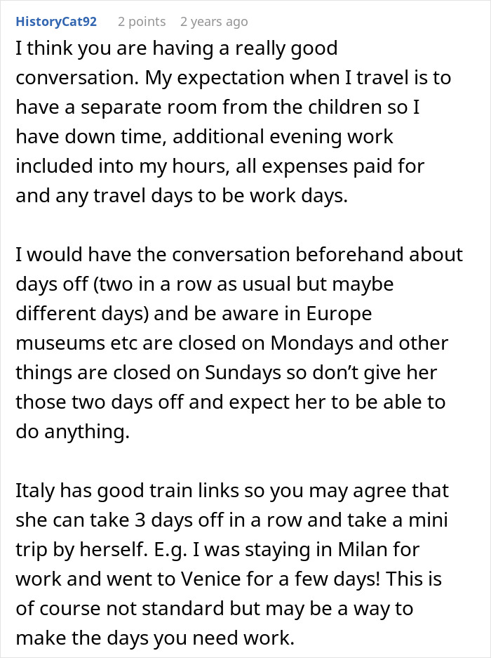 Screenshot of Reddit comments discussing a nanny's expectations for a family vacation.
