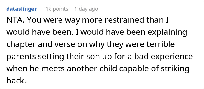 Man punishes nephew for punching his baby daughter. A comment says the man was restrained and criticizes the nephew's parents.