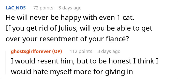 A screenshot of a Reddit post where a bride-to-be questions her engagement after her fiancé issues an ultimatum about her cat. A screenshot of a Reddit post where a bride-to-be questions her engagement after her fiancé issues an ultimatum about her cat.