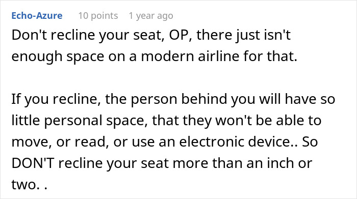 A screenshot shows an online comment about not reclining seats during an overnight flight and throwing a tantrum.