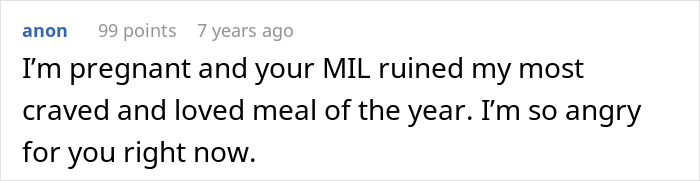 A comment from a pregnant person, angry about their MIL ruining Thanksgiving holiday dishes with essential oils. A comment from a pregnant person, angry about their MIL ruining Thanksgiving holiday dishes with essential oils.