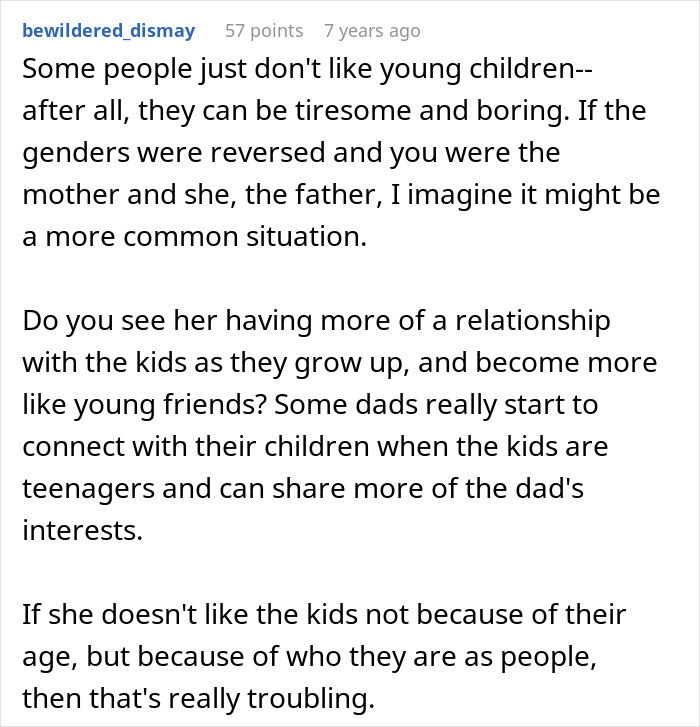 A comment discusses how some people dislike young children and questions the wife's relationship with the kids.
