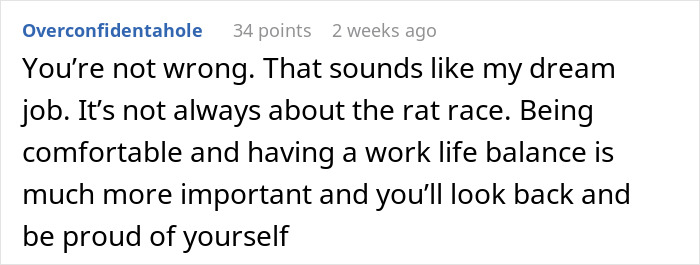 A comment describing the easy job with a medium salary as a dream job, emphasizing work-life balance. A comment describing the easy job with a medium salary as a dream job, emphasizing work-life balance.