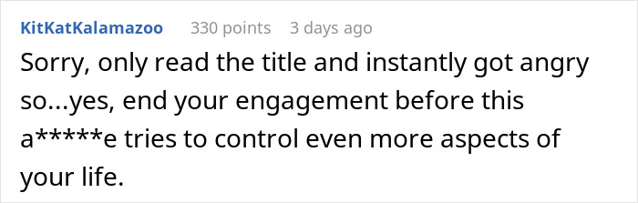 A comment supports ending an engagement to avoid further control after a fiancé's cat ultimatum. A comment supports ending an engagement to avoid further control after a fiancé's cat ultimatum.