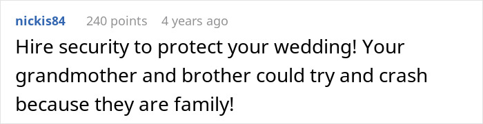 A comment about an entitled man proposing at a brother's wedding, advising security to protect the wedding from family.