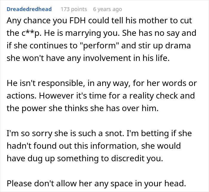 A Reddit comment advising the son to tell his future mother-in-law to stop her drama about the marriage.