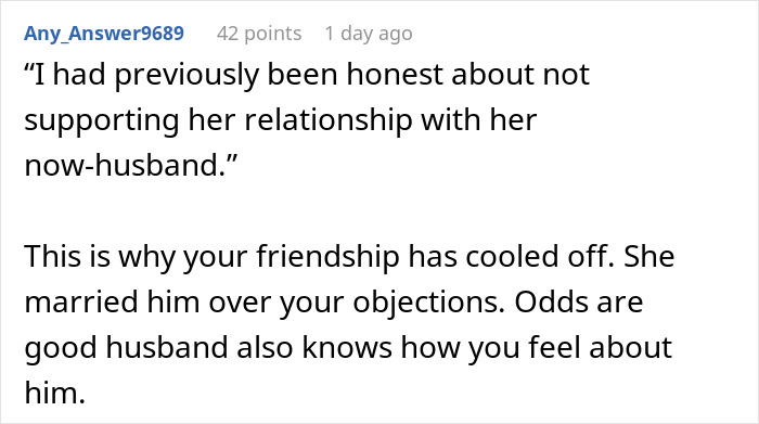 Screenshot of an online comment suggesting a bestie ghosted a bride on her wedding day due to disapproval of her husband. Screenshot of an online comment suggesting a bestie ghosted a bride on her wedding day due to disapproval of her husband.