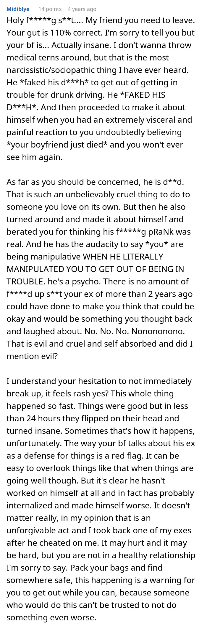 A detailed comment explaining why a boyfriend's cruel prank and blame are manipulative and a red flag. A detailed comment explaining why a boyfriend's cruel prank and blame are manipulative and a red flag.