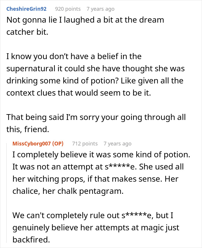 A comment section discussing a crazy MIL's potion attempt, where it's debated if it was a real potion or an attempt at something else.