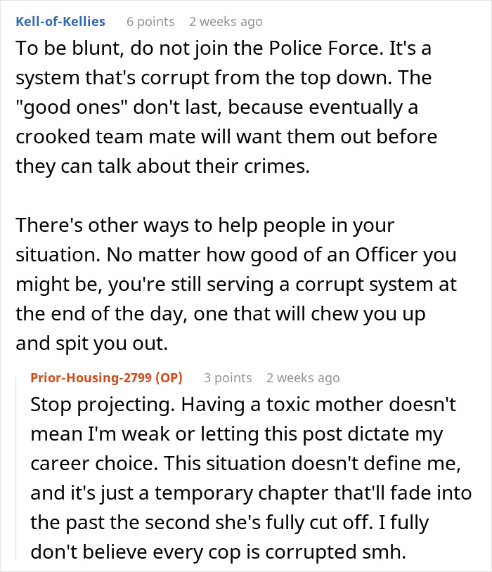 A Reddit comment advising against joining the police force and the original poster's reply about her narcissist mom. A Reddit comment advising against joining the police force and the original poster's reply about her narcissist mom.
