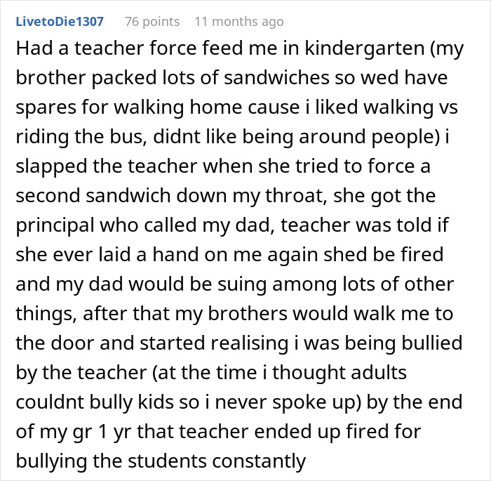 A story about a teacher force-feeding a child in kindergarten and the consequences for the teacher. A story about a teacher force-feeding a child in kindergarten and the consequences for the teacher.