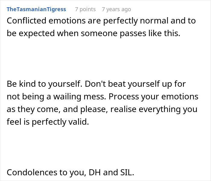 A Reddit comment validating conflicted emotions about the passing of the crazy MIL who couldn't survive her most recent potion.