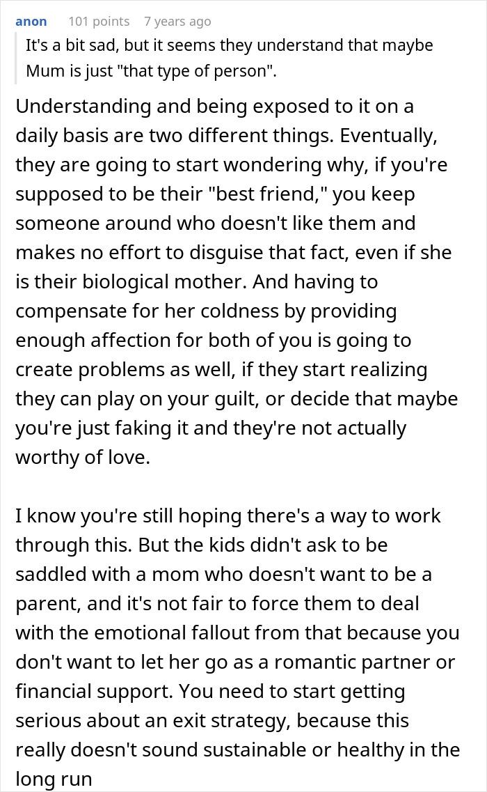 A Reddit comment advising a man to consider an exit strategy after pressuring his wife to have children.