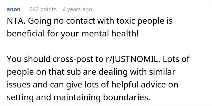 A comment suggesting going no contact with the toxic autistic guy's mom and cross-posting to r/JUSTNOMIL for advice. A comment suggesting going no contact with the toxic autistic guy's mom and cross-posting to r/JUSTNOMIL for advice.