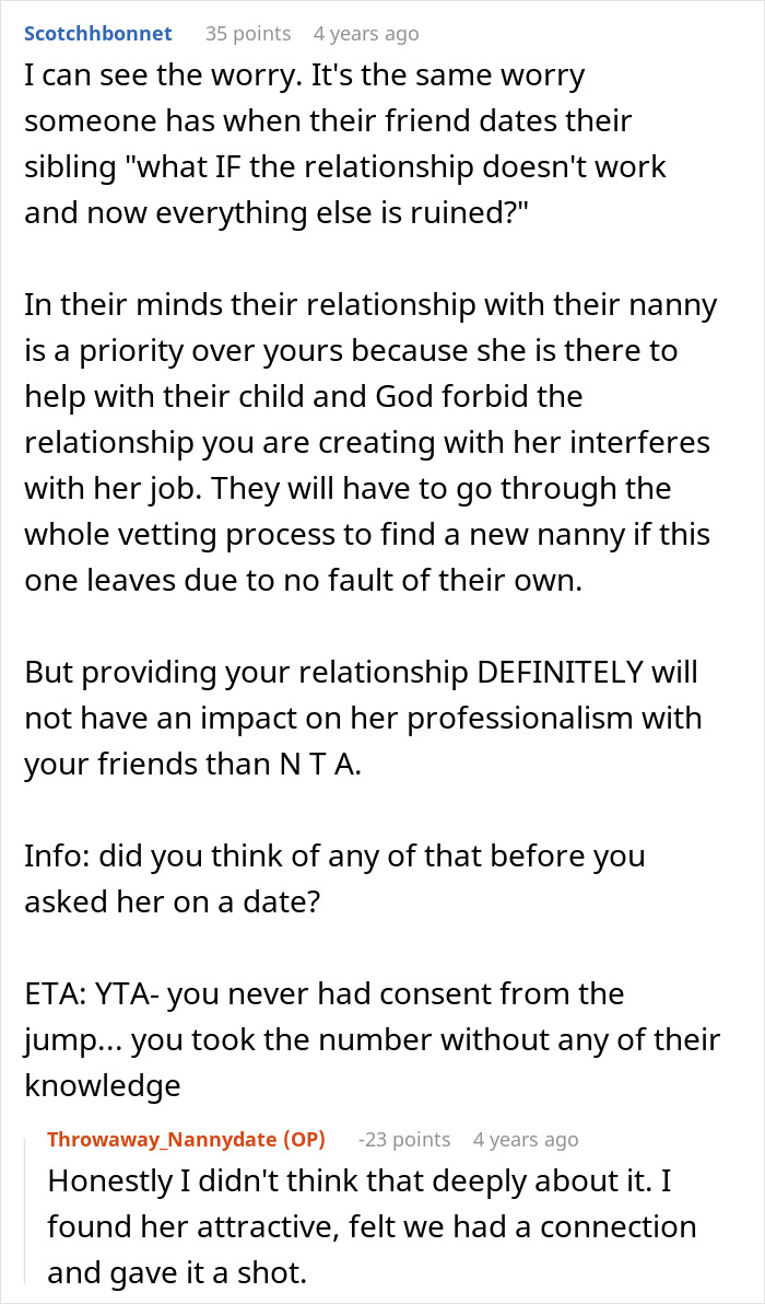 A Reddit comment details the friend's nanny relationship concerns; the dark truth of potential professional and personal issues.