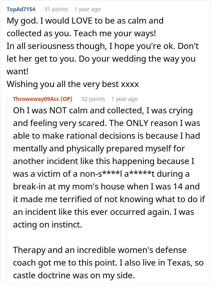 Screenshot of a comment thread discussing a woman's scary fixation, with advice and the original poster's reply about feeling scared.