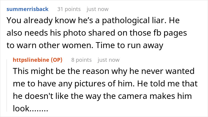 A screenshot showing reddit comments about a guy who pretends to be younger, leaving his GF horrified. A screenshot showing reddit comments about a guy who pretends to be younger, leaving his GF horrified.