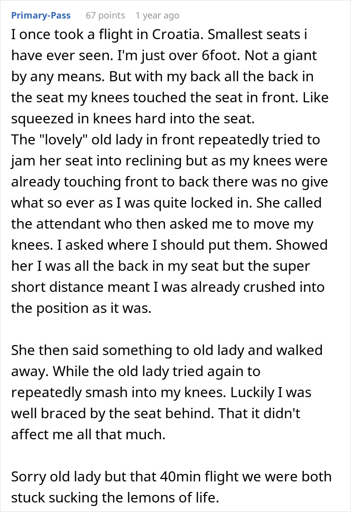 A screenshot shows an online comment about an overnight flight experience with a reclining seat and a tantrum.