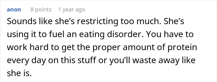 A comment discussing a woman losing more than just weight and restricting too much, potentially fueling an eating disorder.