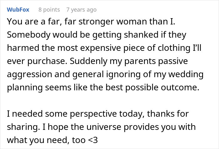 A comment recognizing a strong woman, discussing harm to expensive clothing, and passive aggression from parents, related to MIL witching.