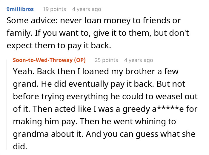 A Reddit comment section showing advice about not loaning money to family, relating to the entitled man's brother.
