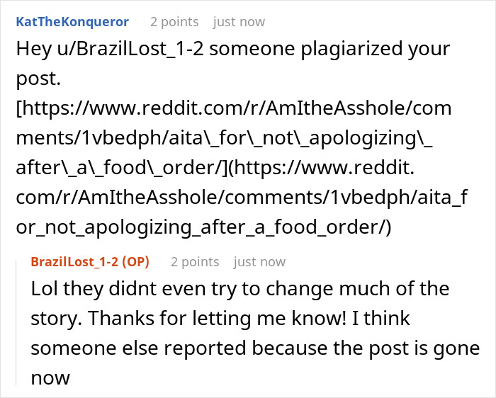 A Reddit comment where a user points out that someone plagiarized the post about the picky eater and sushi. A Reddit comment where a user points out that someone plagiarized the post about the picky eater and sushi.