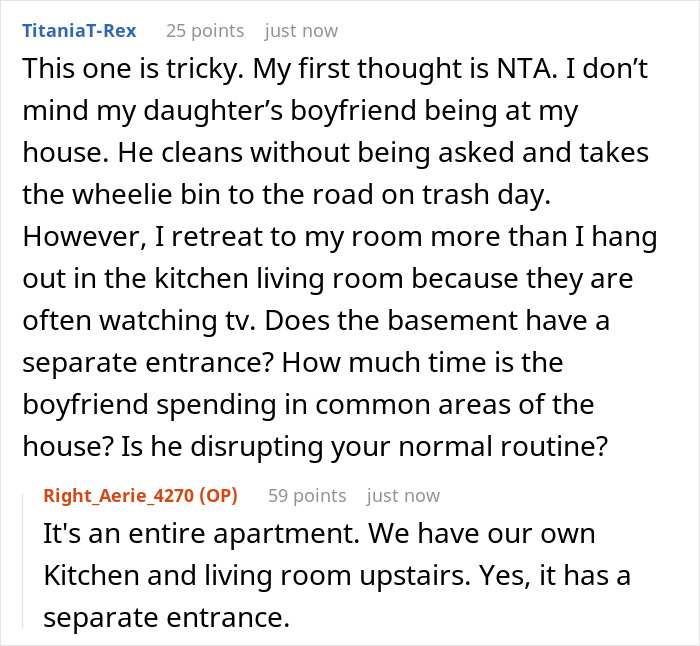 A Reddit comment asking about a daughter's boyfriend's living situation and the original poster's response about a separate apartment. A Reddit comment asking about a daughter's boyfriend's living situation and the original poster's response about a separate apartment.