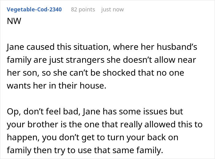 A screenshot of a Reddit comment explaining why the delulu mom's husband's family won't house them.