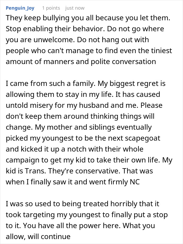 A screenshot of a Reddit comment about a family feud, MIL, and childfree wedding, emphasizing setting boundaries with family. A screenshot of a Reddit comment about a family feud, MIL, and childfree wedding, emphasizing setting boundaries with family.